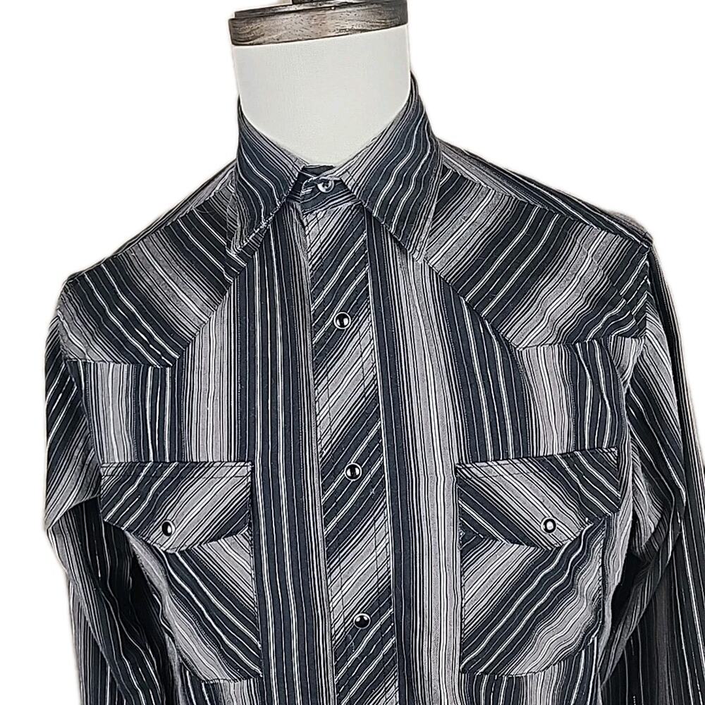 Wrangler Shirt Mens L Western Fashion Snap Black Silver Striped Long Sleeve - Picture 2 of 8